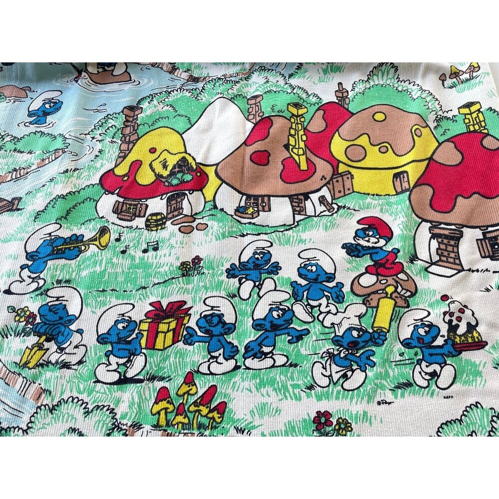 Vintage 70s curtain, Smurfs, comic, movie characters, pleated panel, price for 1